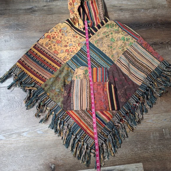 Kathmandu Imports Mushroom Patchwork Fringed Poncho, 100% Cotton, Size S/M? - Picture 13 of 14